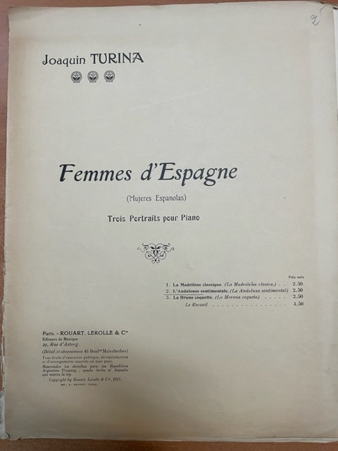 Joaquin Turina Femmes d'Espagne n°2: L'Andalouse sentimentale partition piano- 3000 partitions, livres et vinyles d'occasion  en vente sur notre site internet gastonmusicclub.fr Gaston Music Store