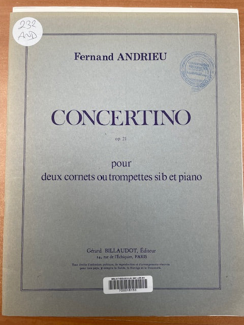 Fernand Andrieu Concertino opus 21 pour 2 cornets ou trompettes en sib et piano-3000 partitions, livres et vinyles d'occasion en vente sur notre site internet gastonmusicclub.fr Gaston Music Store