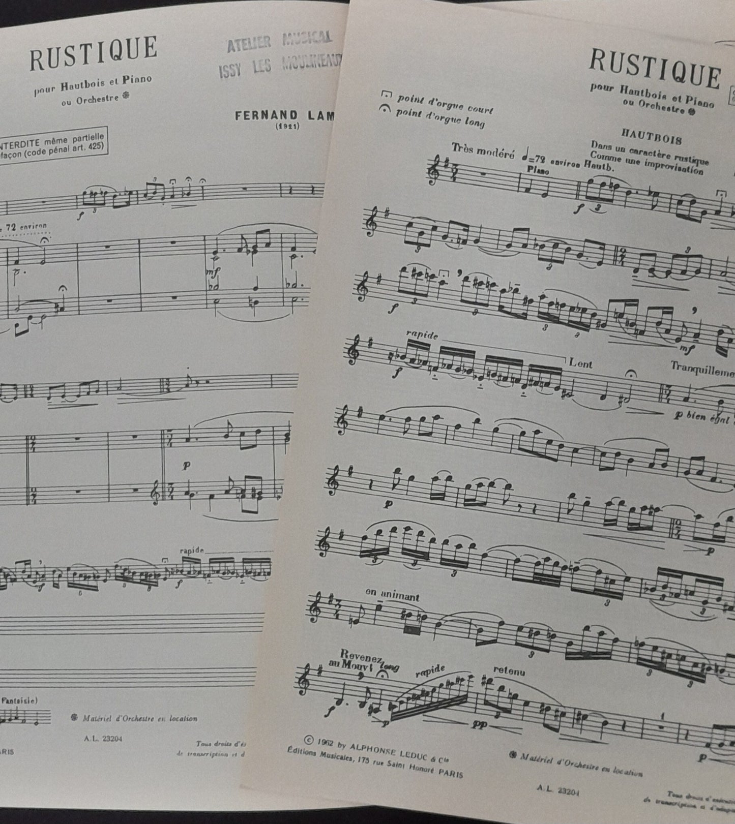 Fernand Lamy Rustique partition pour hautbois et piano