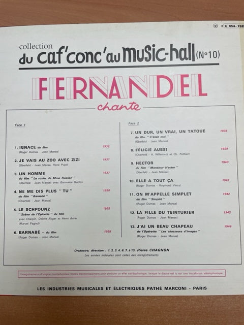 Vinyle Fernandel chante collection Du caf'conc' au music-hall n° 10-3000 partitions, livres et vinyles d'occasion en vente sur notre site internet gastonmusicclub.fr Gaston Music Store