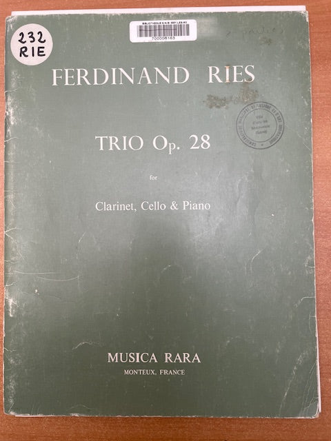 Ferdinand Ries Trio in B-flat major op. 28 - Clarinet cello piano-3000 partitions, livres et vinyles d'occasion en vente sur notre site internet gastonmusicclub.fr Gaston Music Store