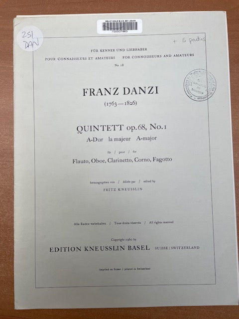 Franz Danzi Quintett op.68n°1 en la majeur - parties séparées-3000 partitions, livres et vinyles d'occasion en vente sur notre site internet gastonmusicclub.fr Gaston Music Store