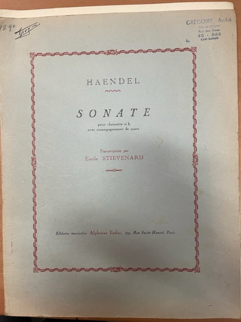 Haendel Sonate pour clarinette Sib avec accompagnement piano