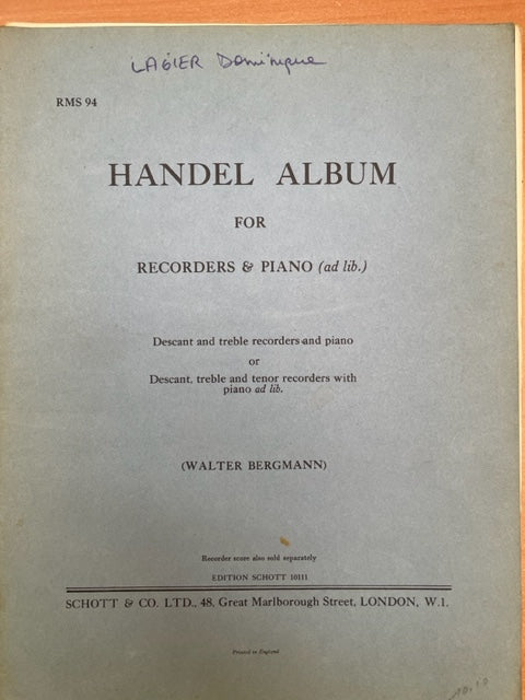 Händel album for recorder and piano-3000 partitions, livres et vinyles d'occasion  en vente sur notre site internet gastonmusicclub.fr Gaston Music Store