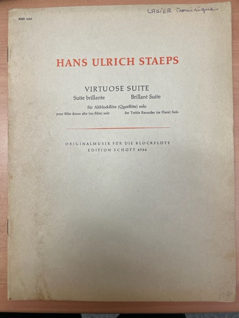 Hans Ulrich Staeps Virtuose suite pour Flute à bec alto solo-3000 partitions, livres et vinyles d'occasion en vente sur notre site internet gastonmusicclub.fr Gaston Music Store