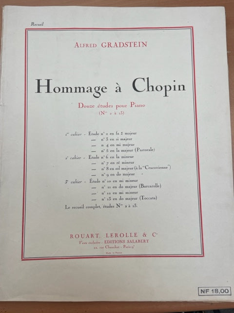 Alfred Gradstein Hommage à Chopin 12 études pour piano volume 1 (n° 2 à 13)- 3000 partitions, livres et vinyles d'occasion  en vente sur notre site internet gastonmusicclub.fr Gaston Music Store