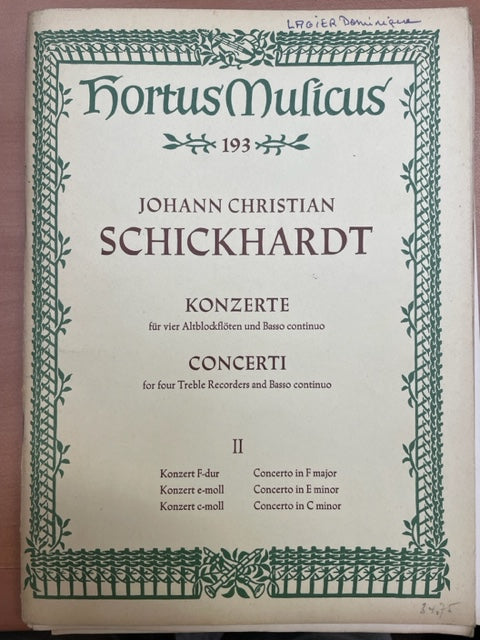 Johann Christian Schickhardt 6 Konzerte volume 2 : Concertos n° 4-6 - 4 flûtes à bec alto et piano