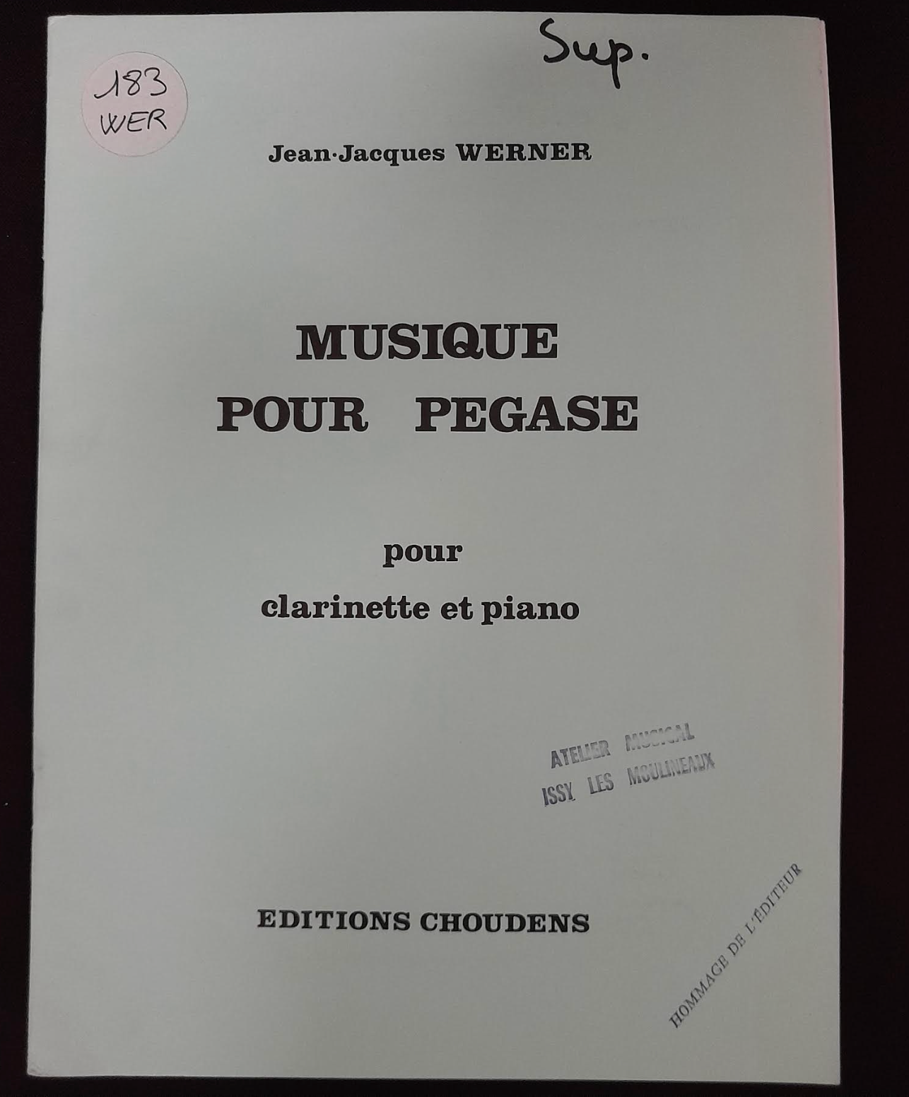 Jean-Jacques Werner Musique pour Pégase, partition pour clarinette et piano (1976)