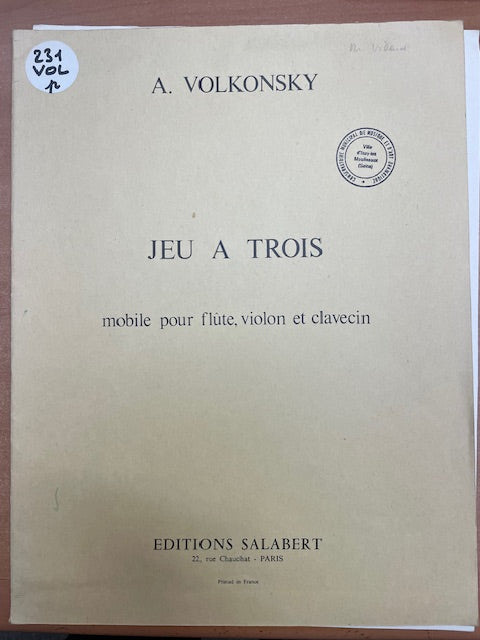 André Volkonsky Jeu à trois pour flûte, violon et clavecin-3000 partitions, livres et vinyles d'occasion en vente sur notre site internet gastonmusicclub.fr Gaston Music Store