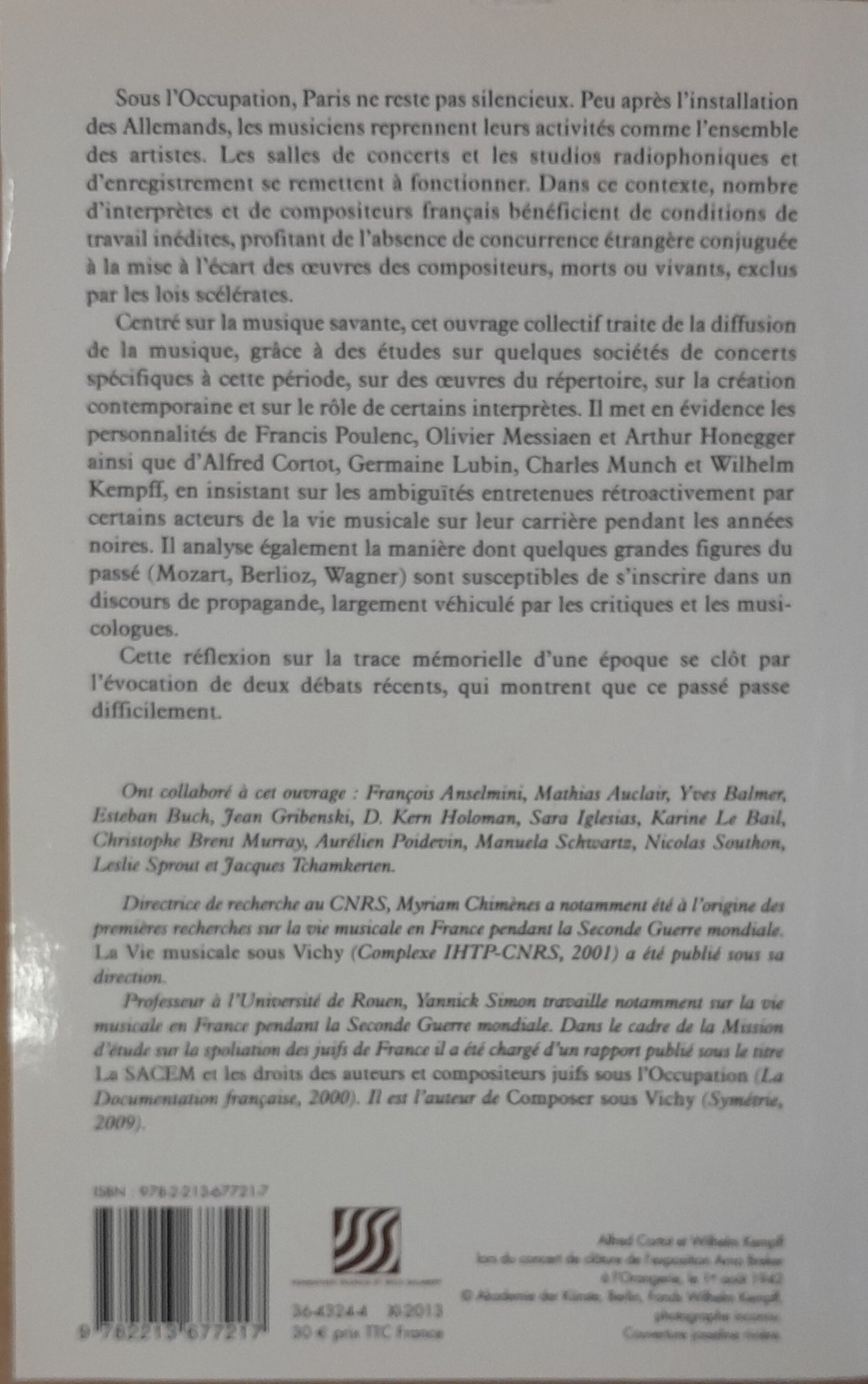 La musique à Paris sous l'Occupation livre de dir Myriam Chimènes
