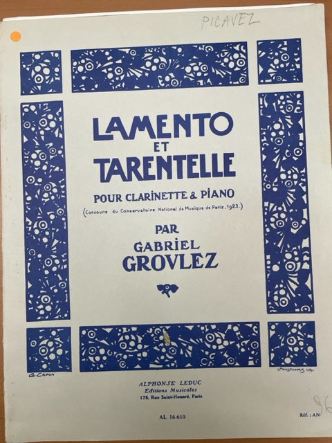 Gabriel Grovlez Lamento et tarentelle pour clarinette et piano