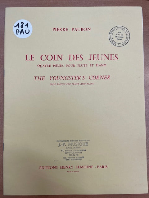 Pierre Paubon Le coin des jeunes : 4 pièces pour flûte et piano-3000 partitions, livres et vinyles d'occasion en vente sur notre site internet gastonmusicclub.fr Gaston Music Store