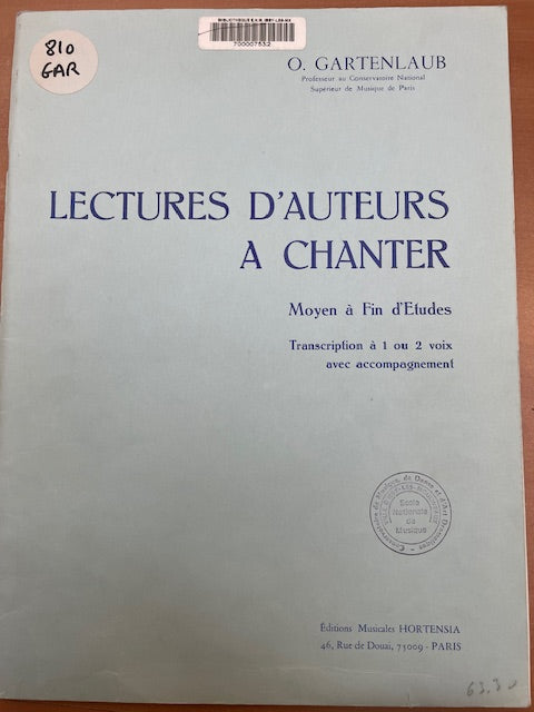 Gartenlaub Odette Lectures d'auteurs à chanter - Moyen à fin d'études-3000 partitions, livres et vinyles d'occasion en vente sur notre site internet gastonmusicclub.fr Gaston Music Store