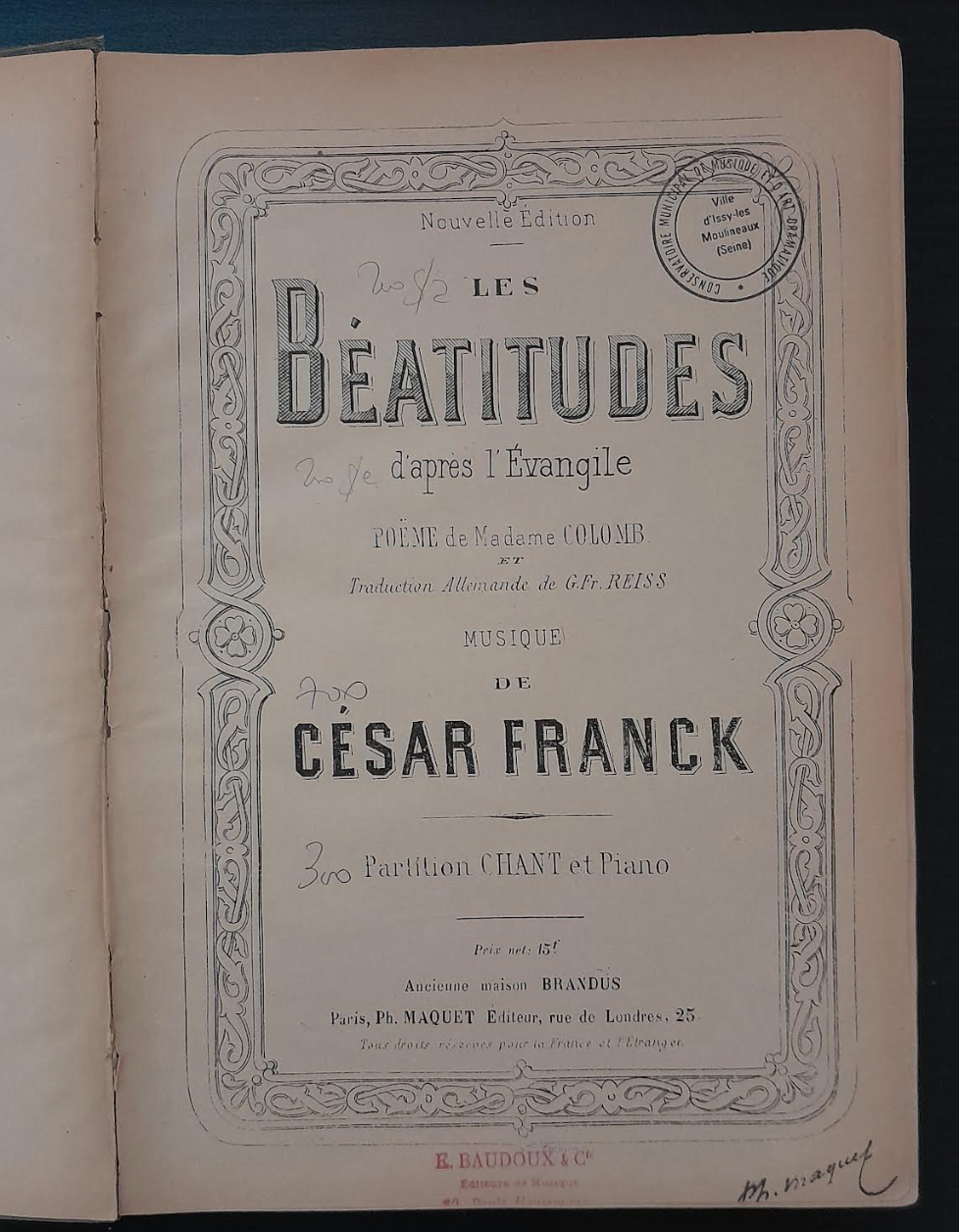 César Franck Les Béatitudes d'après l'Evangile réduction piano voix-3000 partitions, livres et vinyles d'occasion en vente sur notre site internet gastonmusicclub.fr Gaston Music Store