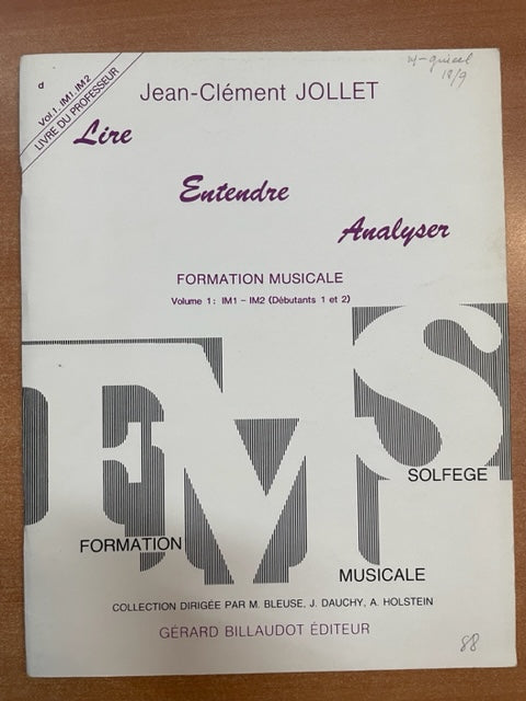 Jean Clément Jollet Lire - Entendre - Analyser vol 1: IM1 - IM2 (Débutants 1 et 2) Livre du professeur- 3000 partitions, livres et vinyles d'occasion  en vente sur notre site internet gastonmusicclub.fr Gaston Music Store