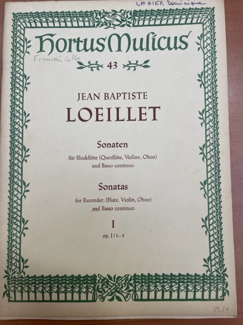 Jean Baptiste Loeillet Sonaten Volume 1 : Op. 1 N° 1-3 pour Flûte à bec alto (ou flûte) piano