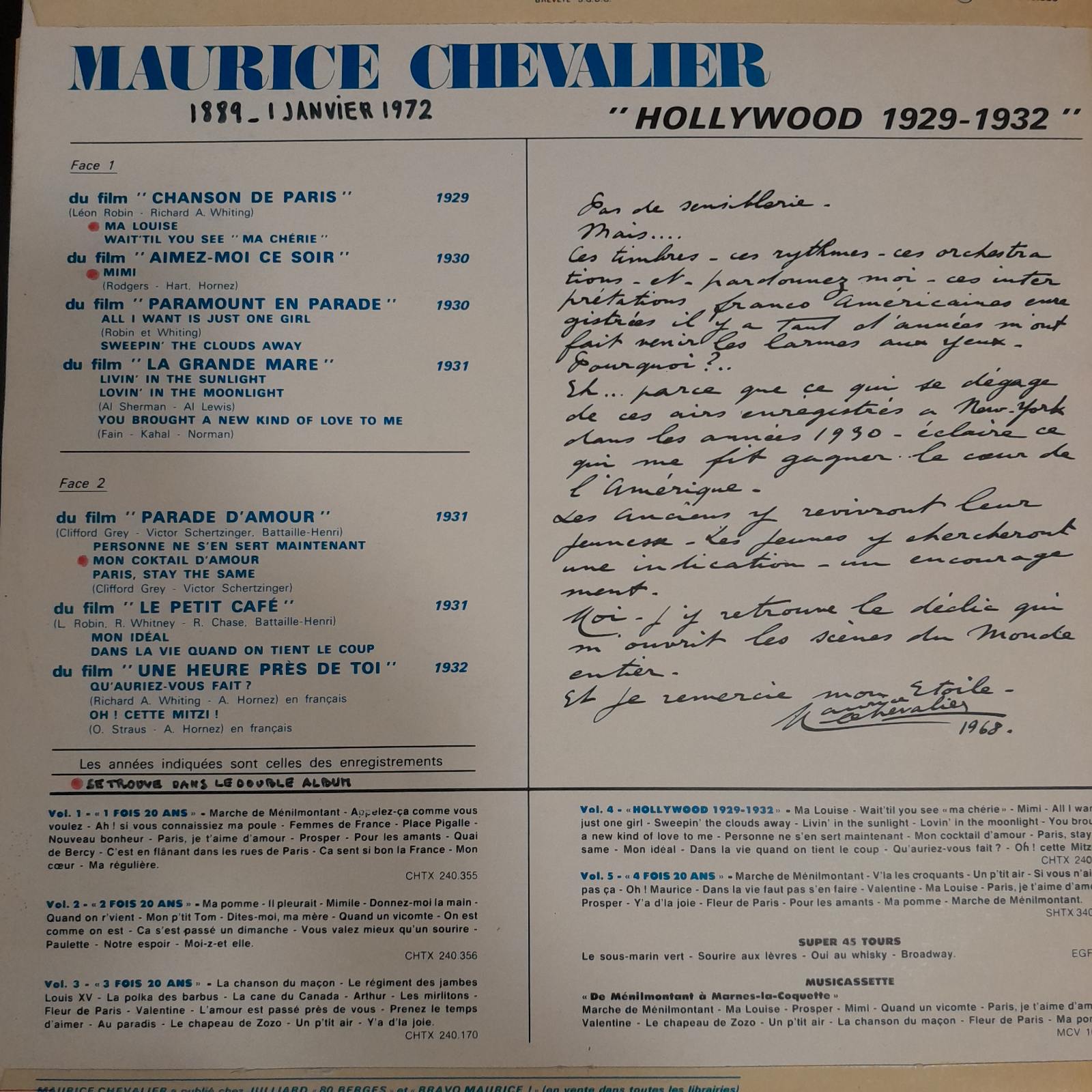 Vinyle Maurice Chevalier vol 4: Hollywood 1929-1932- 3000 partitions, livres et vinyles d'occasion  en vente sur notre site internet gastonmusicclub.fr Gaston Music Store