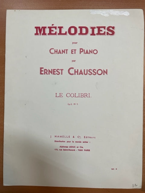 Ernest Chausson Le colibri, mélodie opus 2 n°7 pour chant et piano