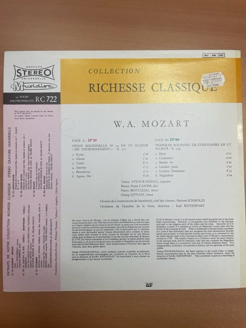 Vinyle Mozart Messe du Couronnement - Les vêpres solennelles