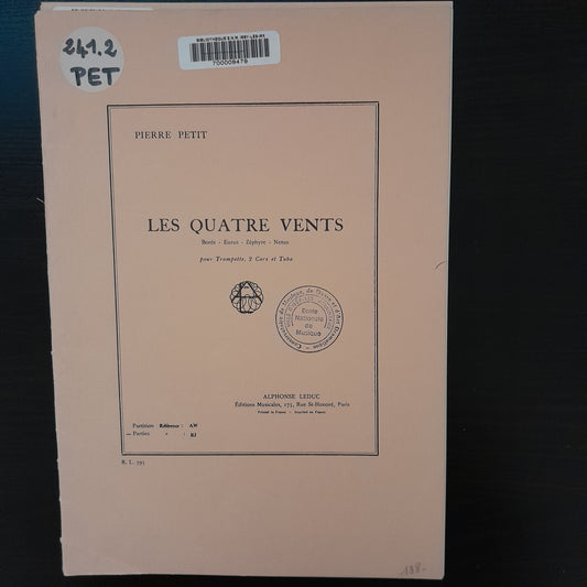 Pierre Petit Les quatre vents pour trompette, 2 cors et tuba-3000 partitions, livres et vinyles d'occasion en vente sur notre site internet gastonmusicclub.fr Gaston Music Store