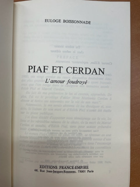 Edith Piaf et Marcel Cerdan, l'amour foudroyé Livre d'Euloge Boissonnade