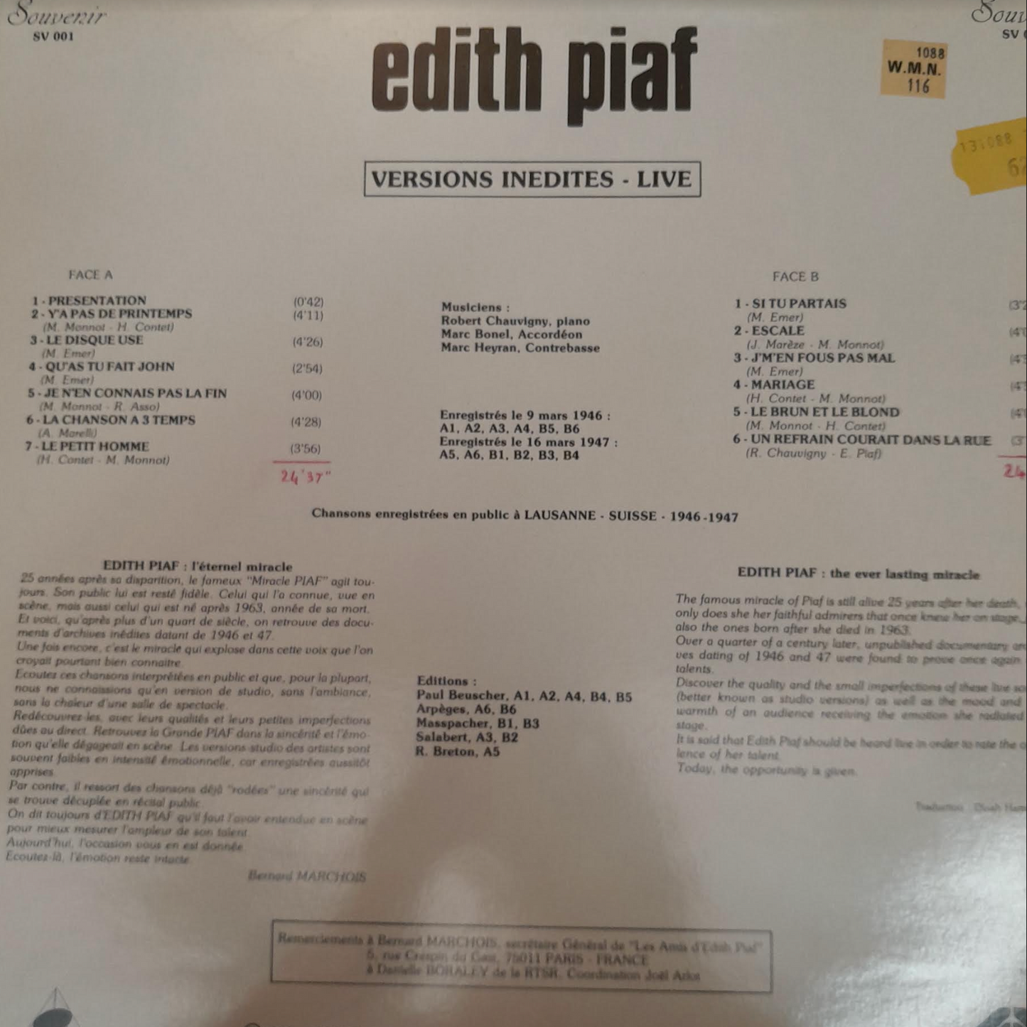 Vinyle Edith Piaf L'éternel miracle - Versions inédites live 1946-1947-3000 partitions, livres et vinyles d'occasion en vente sur notre site internet gastonmusicclub.fr Gaston Music Store