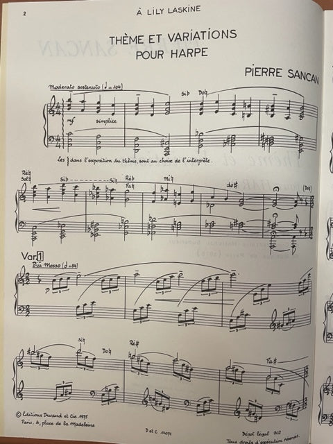 Pierre Sancan Thème et variations pour harpe -3000 partitions, livres et vinyles d'occasion en vente sur notre site internet gastonmusicclub.fr Gaston Music Store