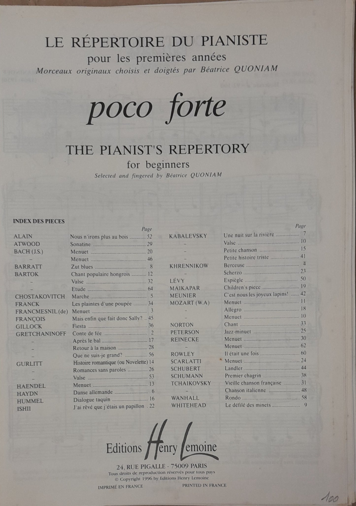 Poco forte : Le répertoire du pianiste pour les premières années de Béatrice Quoniam
