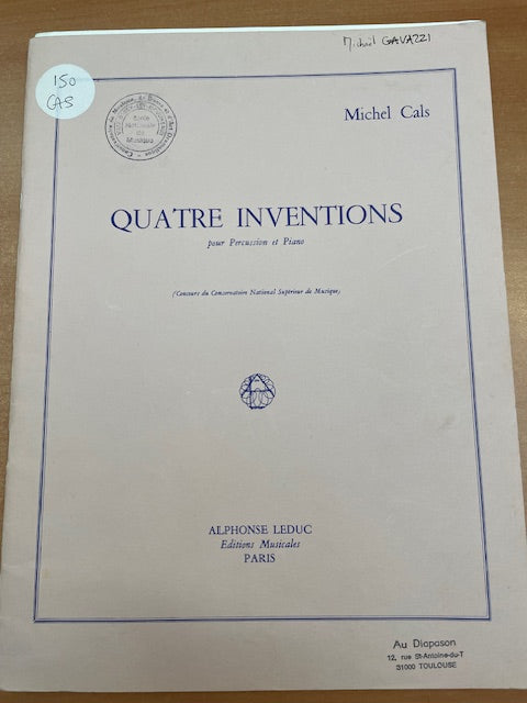 Michel Cals Quatre inventions pour percussions et piano-3000 partitions, livres et vinyles d'occasion en vente sur notre site internet gastonmusicclub.fr Gaston Music Store