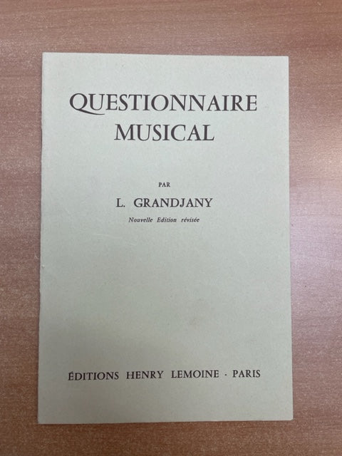 Grandjany Questionnaire musical- 3000 partitions, livres et vinyles d'occasion  en vente sur notre site internet gastonmusicclub.fr Gaston Music Store