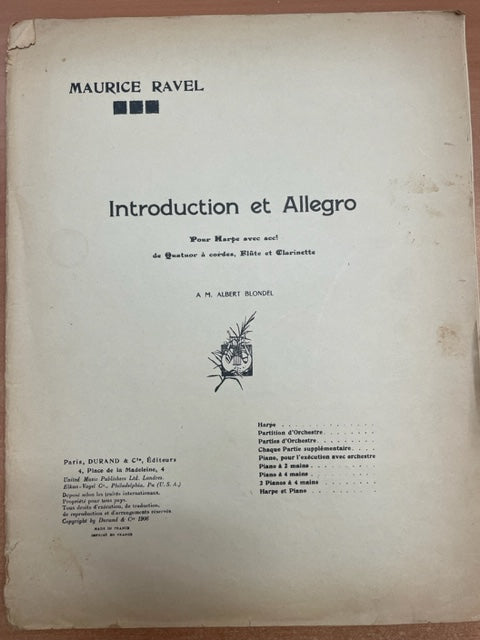 Maurice Ravel Introduction et allegro pour harpe avec quatuor à cordes, flûte et clarinette-3000 partitions, livres et vinyles d'occasion  en vente sur notre site internet gastonmusicclub.fr Gaston Music Store