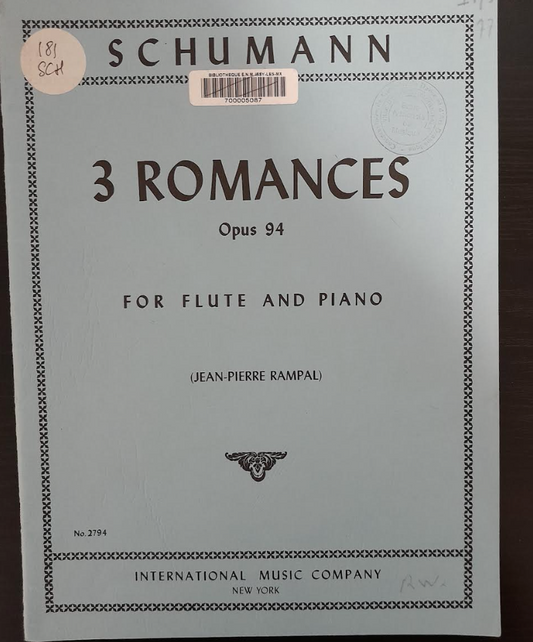 Robert Schumann 3 Romances opus 94 partition pour flute et piano