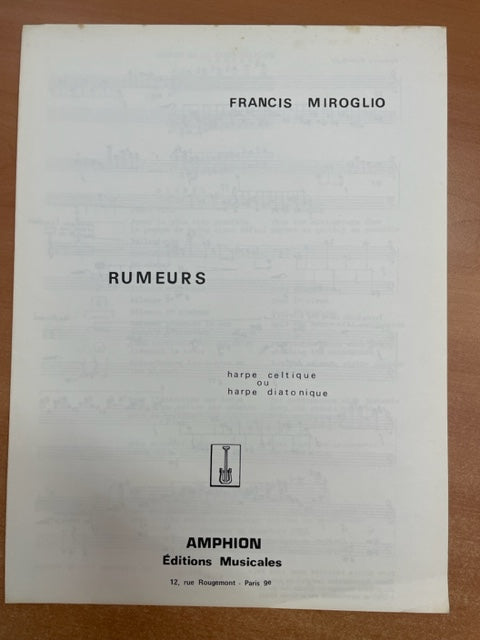 Francis Miroglio Rumeurs partition pour harpe celtique-3000 partitions, livres et vinyles d'occasion  en vente sur notre site internet gastonmusicclub.fr Gaston Music Store