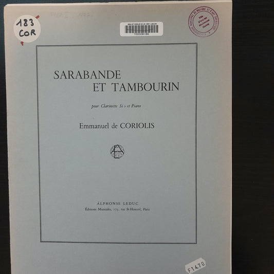 Emmanuel Coriolis Sarabande et tambourin partition pour clarinette sib-3000 partitions, livres et vinyles d'occasion en vente sur notre site internet gastonmusicclub.fr Gaston Music Store