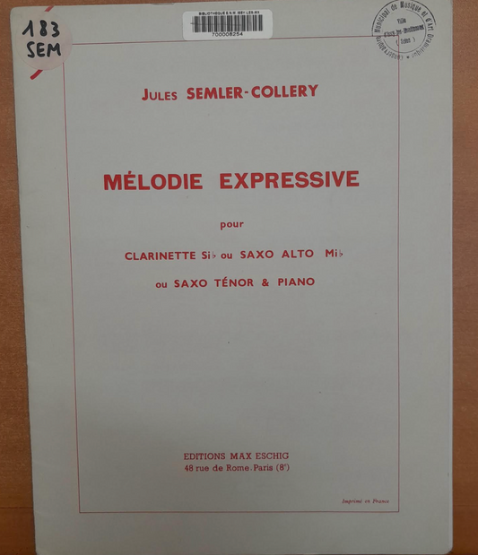 Collery Jules Semler Mélodie expressive pour clarinette en si b ou saxo alto ou saxo ténor et piano