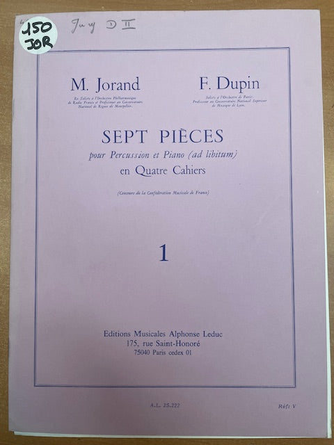 M. Jorand - F. Dupin Sept pièces pour percussion et piano en quatre cahiers volume 1-3000 partitions, livres et vinyles d'occasion en vente sur notre site internet gastonmusicclub.fr Gaston Music Store