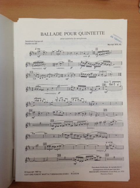 Martial Solal : Ballade pour quintette de saxophone avec section rythmique ad libitum