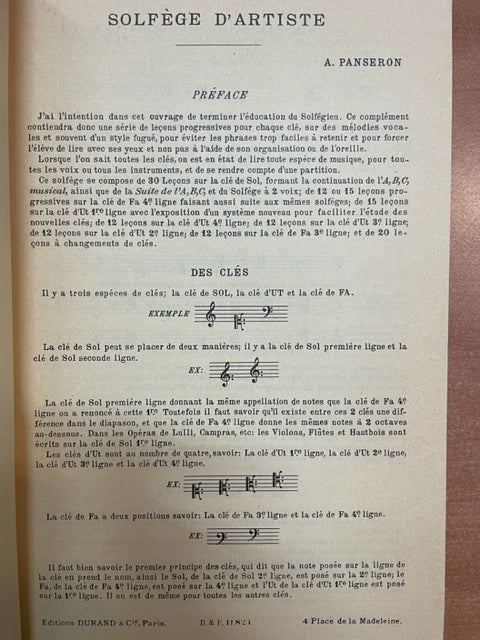 Panseron Solfège d'artiste contenant 124 leçons sur toutes les clés et à changements de clés