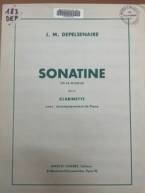 J.M Depelsenaire Sonatine en fa mineur pour clarinette et piano-3000 partitions, livres et vinyles d'occasion en vente sur notre site internet gastonmusicclub.fr Gaston Music Store