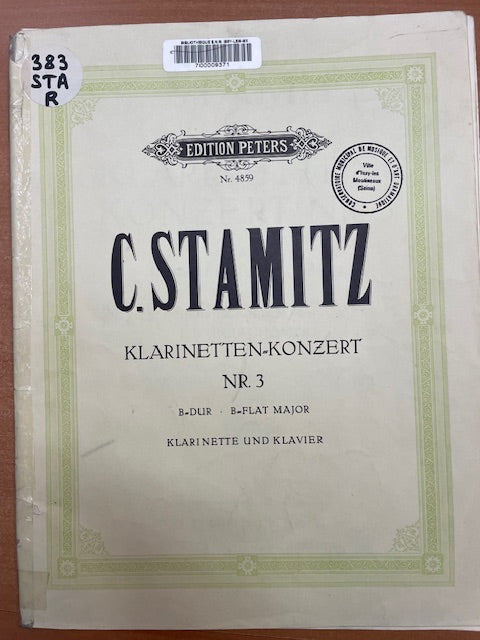 Stamitz Concerto n°3 en si bémol majeur pour clarinette et piano-3000 partitions, livres et vinyles d'occasion en vente sur notre site internet gastonmusicclub.fr Gaston Music Store