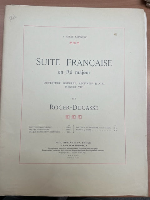 Roger Ducasse Suite française en ré majeur partition pour piano à 4 mains-3000 partitions, livres et vinyles d'occasion en vente sur notre site internet gastonmusicclub.fr Gaston Music Store