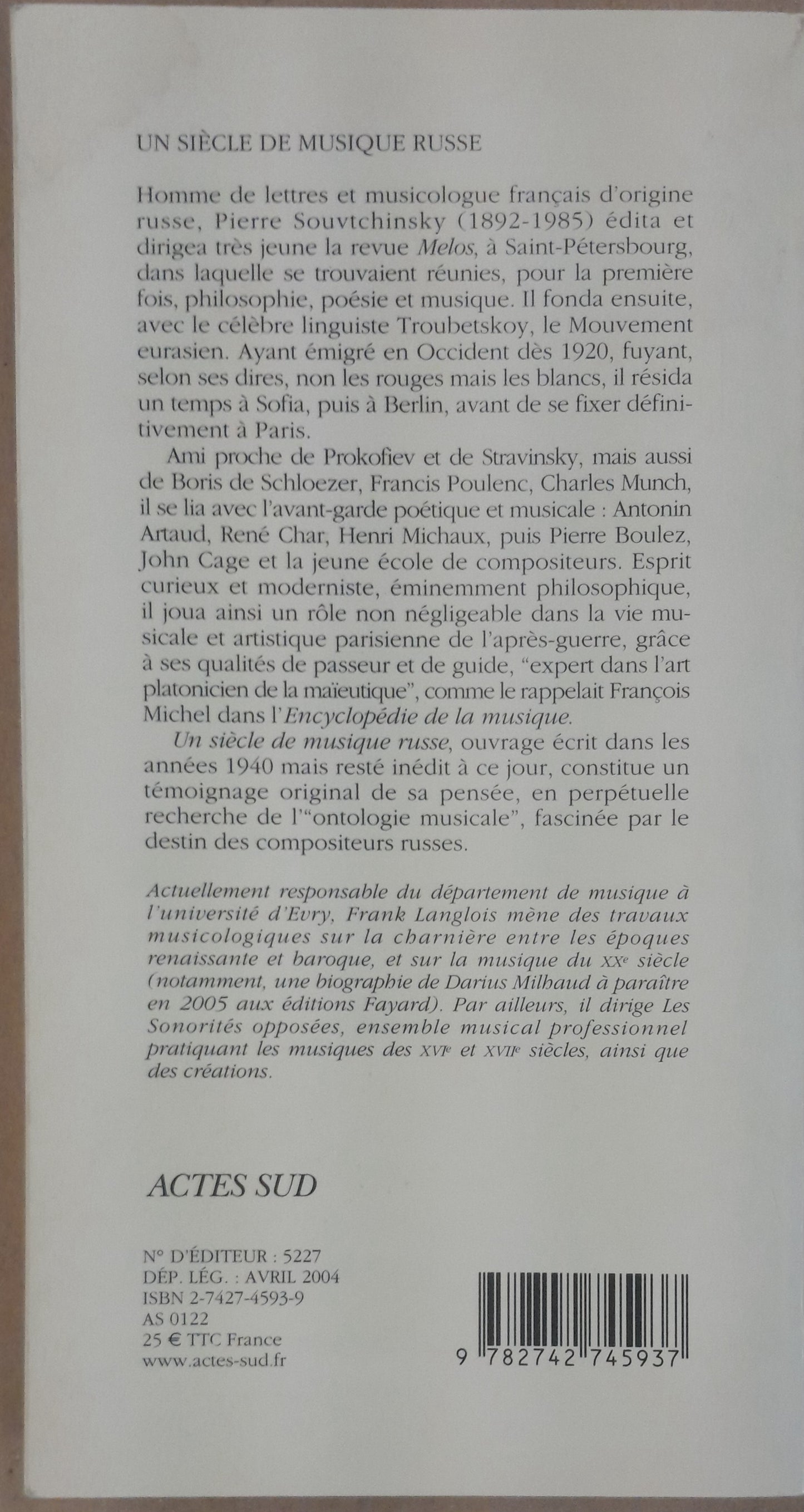 Un siècle de musique russe (1830- 1930) Glinka, Moussorsky, Tchaïkovsky, etc livre de Pierre Souvtchinsky
