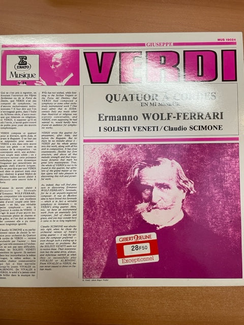 Vinyle Verdi G. - Wolf Ferrari E.Quatuor à cordes en mi mineur - Sérénade-3000 partitions, livres et vinyles d'occasion en vente sur notre site internet gastonmusicclub.fr Gaston Music Store