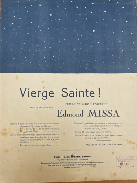 Edmond Missa Vierge sainte! Prière de l'abbé Perreye en mi bémol pour voix et piano-3000 partitions, livres et vinyles d'occasion  en vente sur notre site internet gastonmusicclub.fr Gaston Music Store