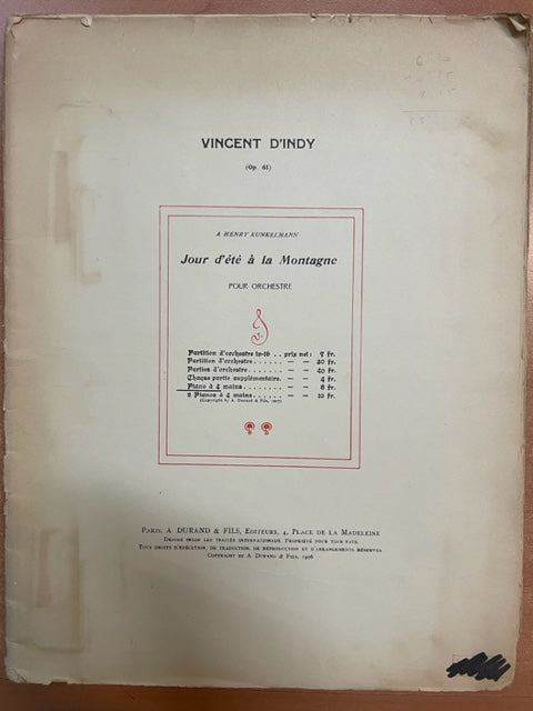 Vincent D'Indy Jour d'été à la montagne pour orchestre, transcrit pour piano 4 mains