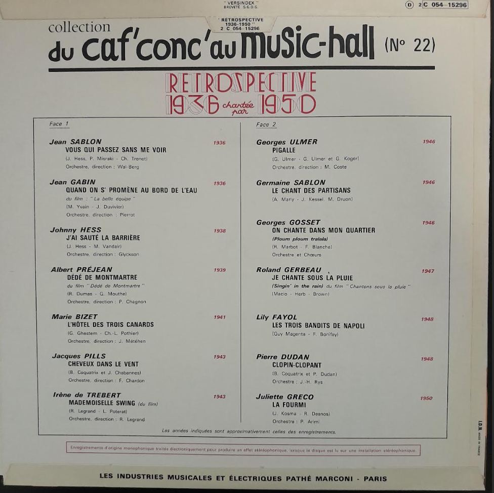 Vinyle 33 tours Du caf'conc' au Music-Hall n° 22: Rétrospective 1936 - 1950