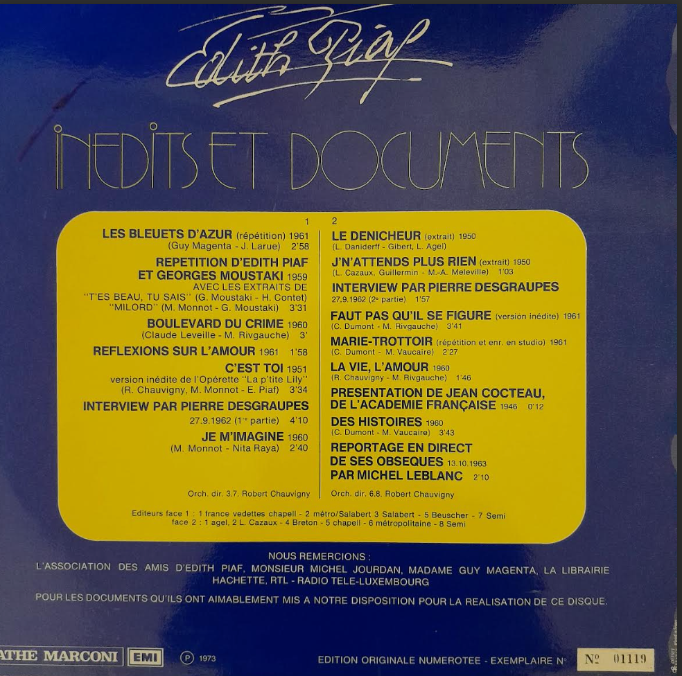 Vinyle 33 tours Edith Piaf Inédits et documents