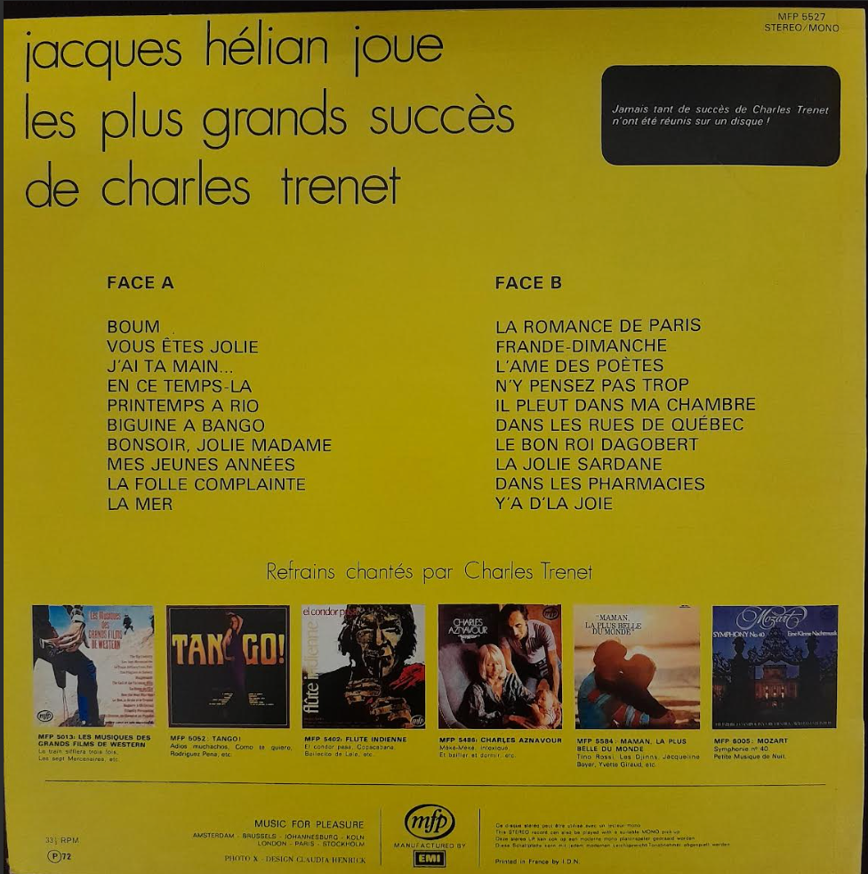 Vinyle 33 tours Hommage à Charles Trenet Jacques Hélian