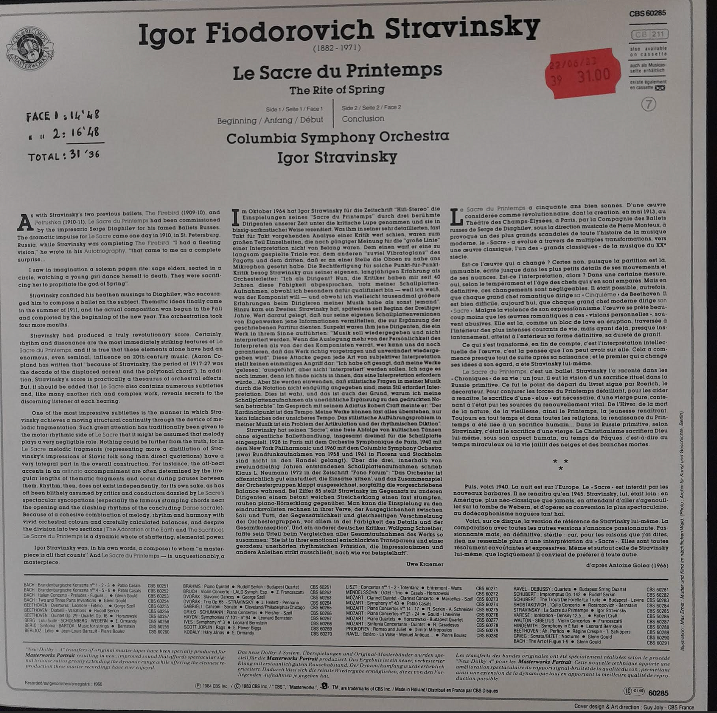 Vinyle 33 tours Igor Stavinsky Le Sacre du printemps Direction Igor Stravinsky