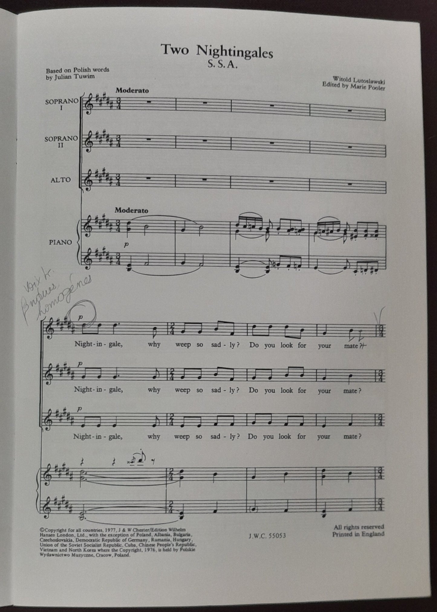 Witold Lutoslawski Two nightingales, pour 3 voix égales et piano